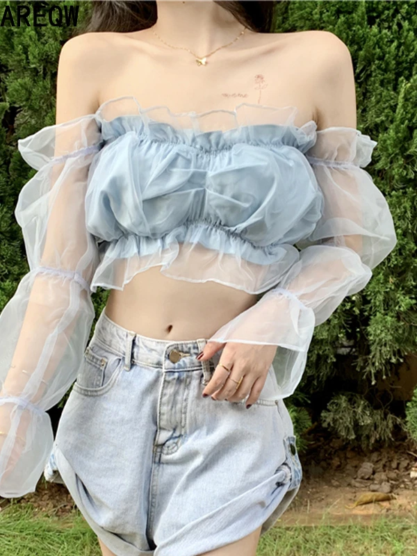 

Fashion Puff Sleeve Gauze Cropped Shirt Sexy Solid Long Sleeve Women's Top Casual Square Collar Ladies T-Shirt Spring New