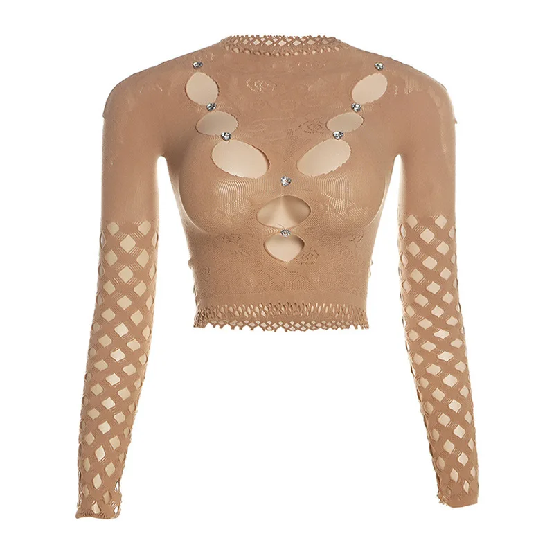 

Sexy Mesh Perspective Hollow Out Tees Round Neck Long SleeveTight Top Women Summer New Fashion Party Club Solid Color T-Shirts