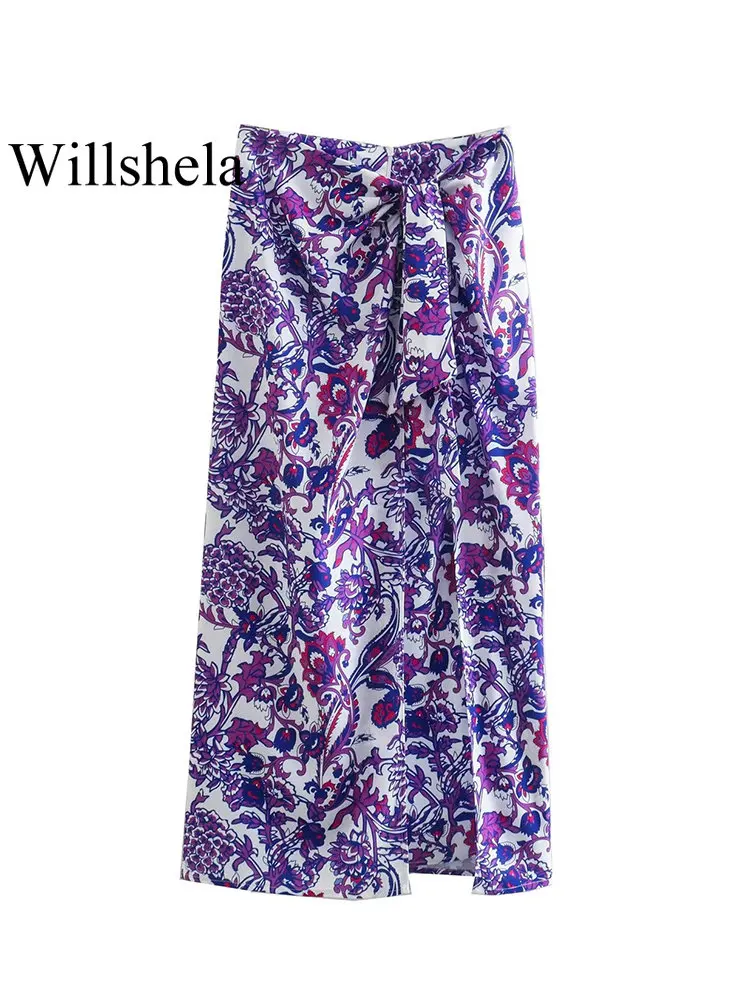 

Женские Модные Юбки-миди Willshela с узлом, принтом, передним разрезом, молнией сзади, винтажные женские шикарные юбки с высокой талией