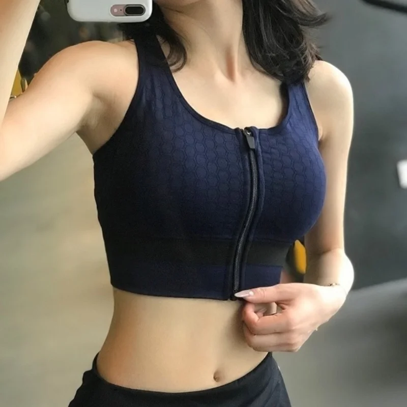 

Women Sports Bra Front Zipper Shockproof Running Gathering Fitness Bra Running Vest Yoga Quick Drying Gathering Support