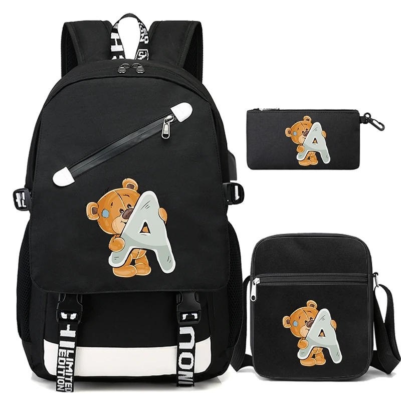 

3Pcs/set Little Bear 26 English Letters Student Boy Girl Schoolbag Backpack Children Teenager Cartoon Bagpack School Bag