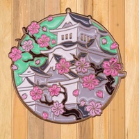 a0781 cherry blossom flower sakura house on mount japanese brooch enamel pin backpack collar button lapel pin badge jewelry gift