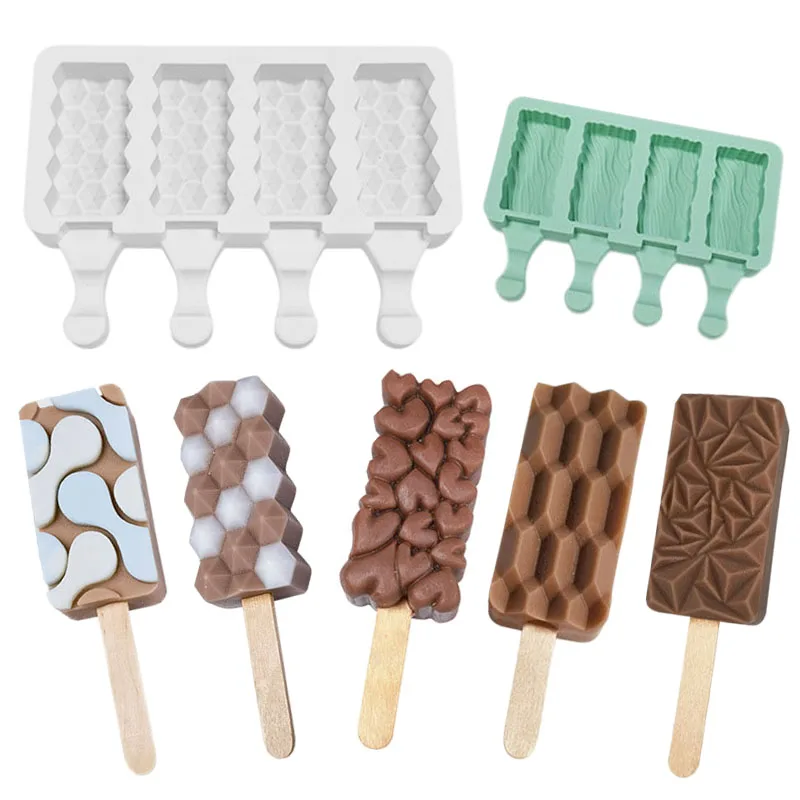 

4 Hole Geometry Pattern Silicone Ice Cream Mold Ice Pop Cube Popsicle Barrel Mold Dessert DIY Home Ice Cream Mould Maker Tools