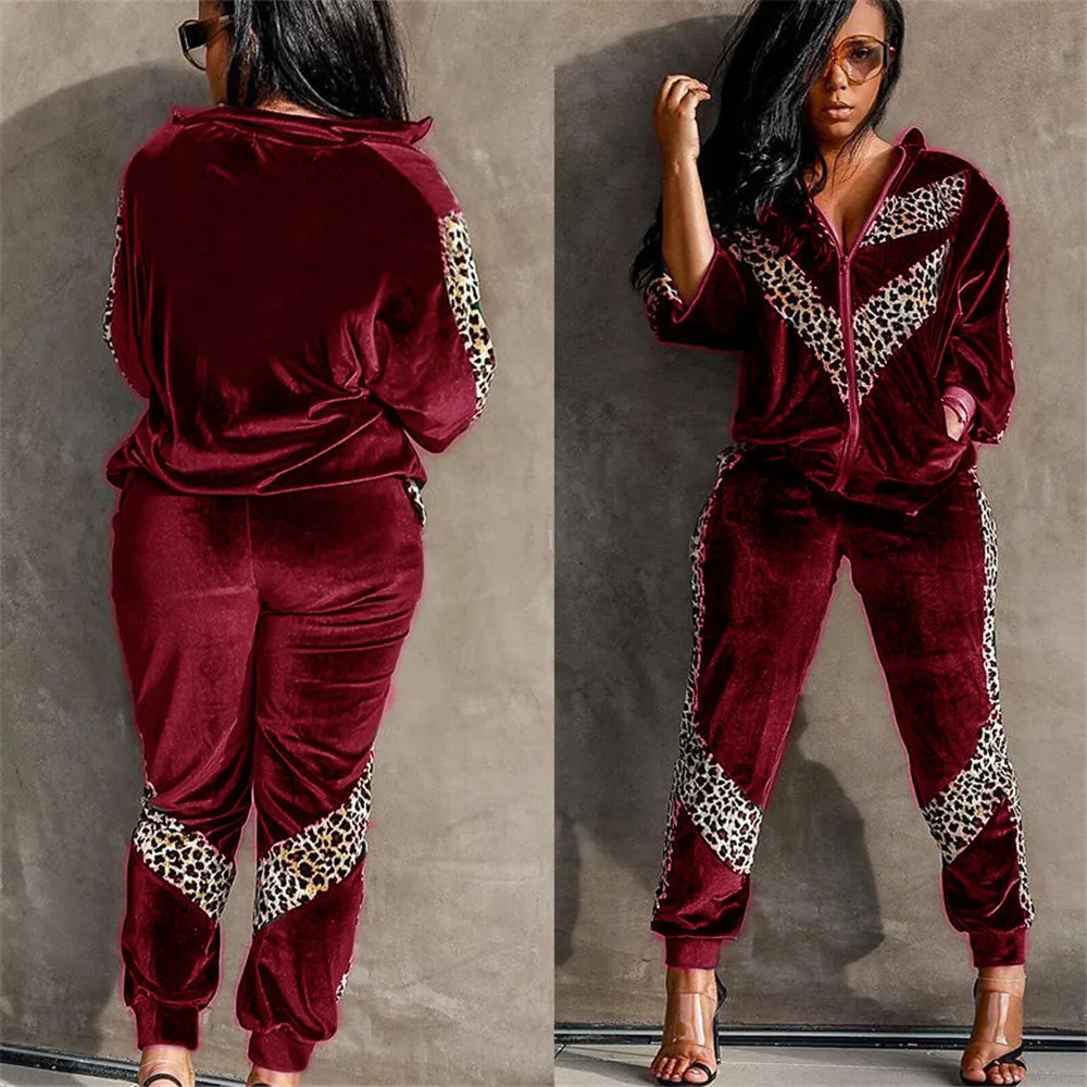 

Autumn Winter Velvet Womens Tracksuit Set Jogger Two Piece Set Pants and Top Leopard Patchwork Night Club Outfits Sportswear