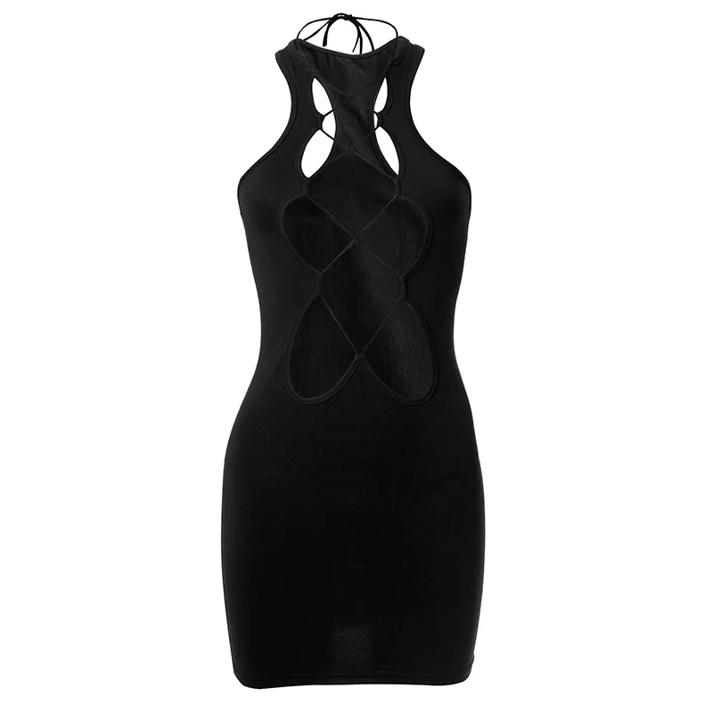 Hot Sexy Hollow Out Bandage Mini Dress For Women New Summer Clubwear Bodycon Dresses Black Lace-Up A-Line Sleeveless Short Skirt |