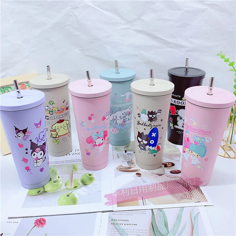 

750Ml Kawaii Sanriod Anime Series Hello Kittyd My Melody Cinnamoroll Kuromi Drinking Straw Stainless Steel Thermos Cold Cup Gift