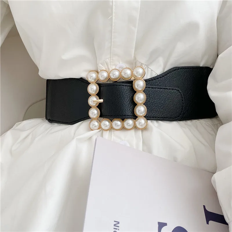 Cinturones de moda para mujer, faja ancha elástica lisa para vestido de novia, adorno de señora, perla dorada, hebilla, cinturones, regalos para vestido