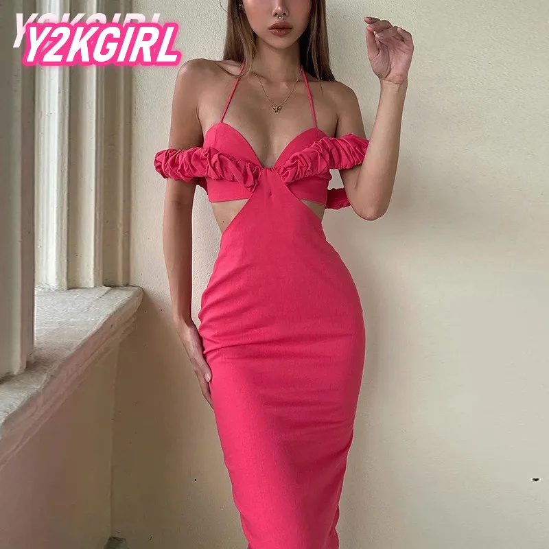 

Y2KGIRL Rose Red Pleated Dress For Women Hollow Out Bandage Lace Up Dresses Fashion Unique Sleeve Slim Elegant Summer Sundress