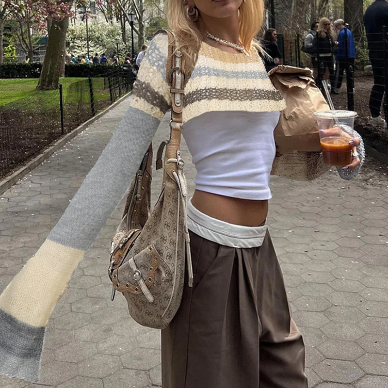 

Gaono Women Y2K Crochet Shrug Sweater Knit Long Sleeve Crop Tops Bolero Cardigan Cover Ups Contrast Color Patchwork Streetwear