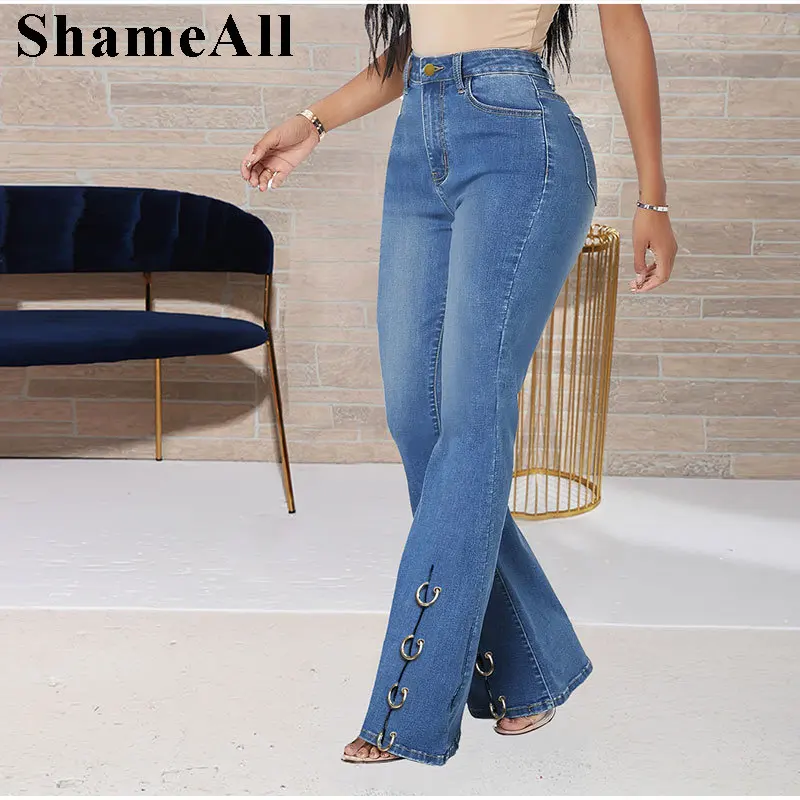 

Plus Size Y2K Chain Patchwork Stretchy Skinny Flare Jeans 4XL Street Vintage Melody Pants Club Slit Denim Trousers Bell Bottoms
