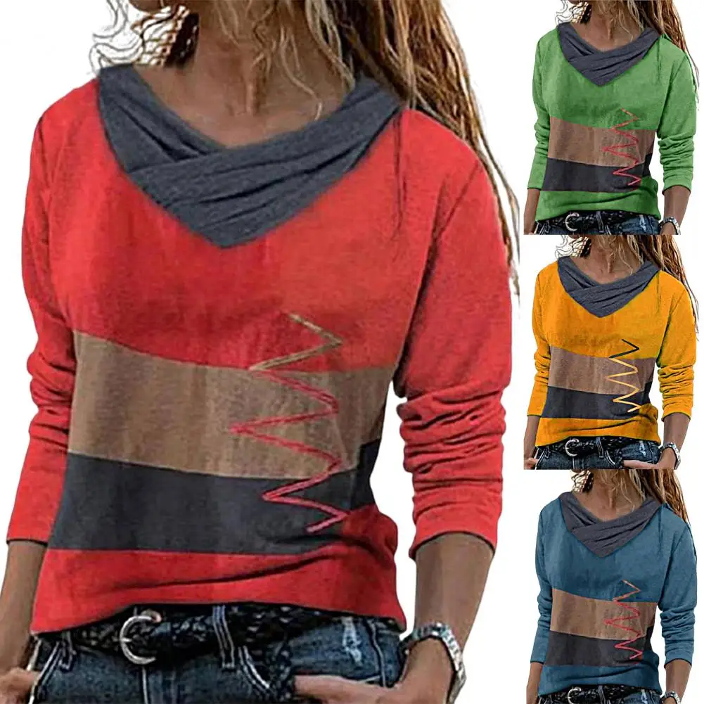 

V-neck Pile Collar Long Sleeves Women Blouse Autumn Contrast Color Irregular Stitching Stripes T-Shirt Streetwear Pile Collar