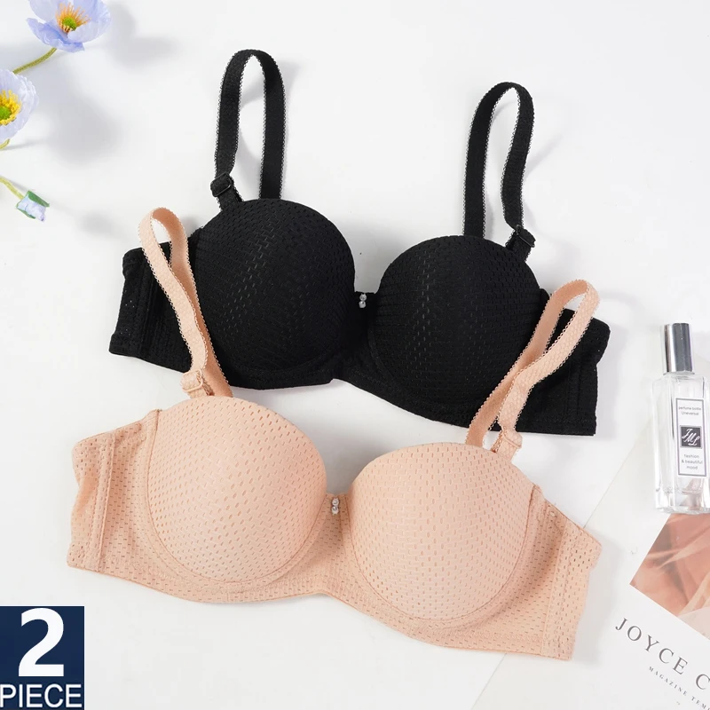 

2PCS Women Solid Underwire Bra Breathable Mesh Adjustable Strap Bra Convertible Bandeau Bra Strapless Sexy Invisible Lingerie