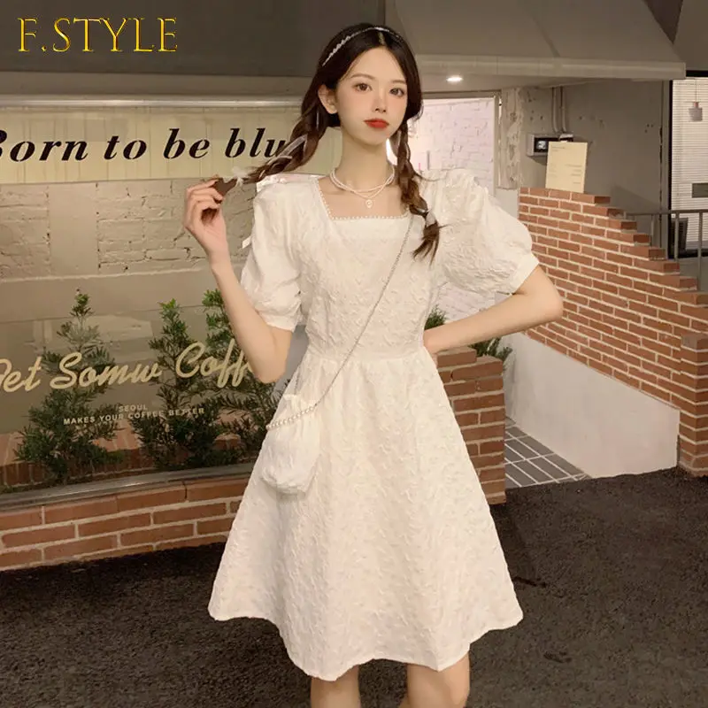

F GIRLS Dresses Womens Solid Puff Sleeve Simple Elegant Students French Style Fashion Female Summer Bows A-line Streetwear Retro