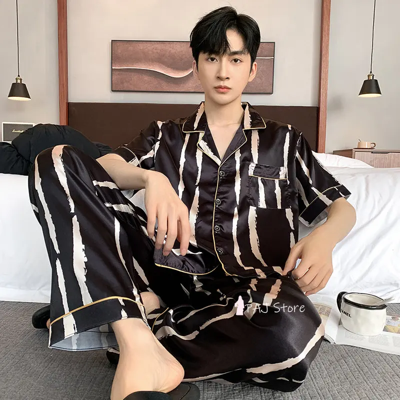 Men Sleepwear Silk Satin Pijama Set Pajama Sets Short Sleeve Sleep Home Clothes Man 2 Pieces Sets Home Suits Pyjamas L-5XL