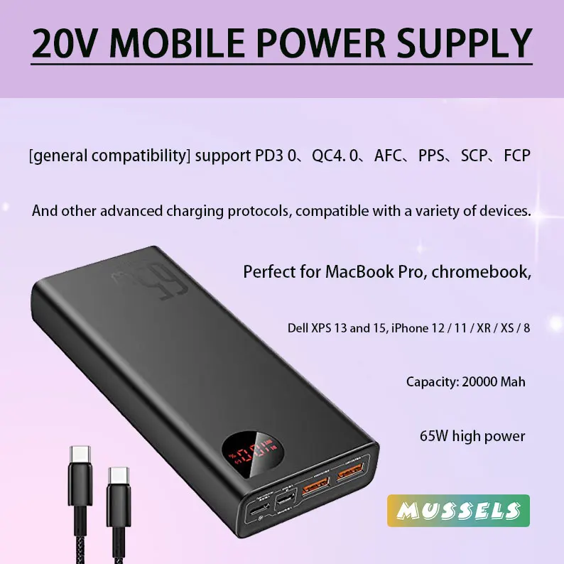 

65W 20000mah mobile power supply, USB C4 port PD3.0 battery pack for MacBook Dell XPS iPad iPhone 13 / 12 Pro MiniSamsung switch