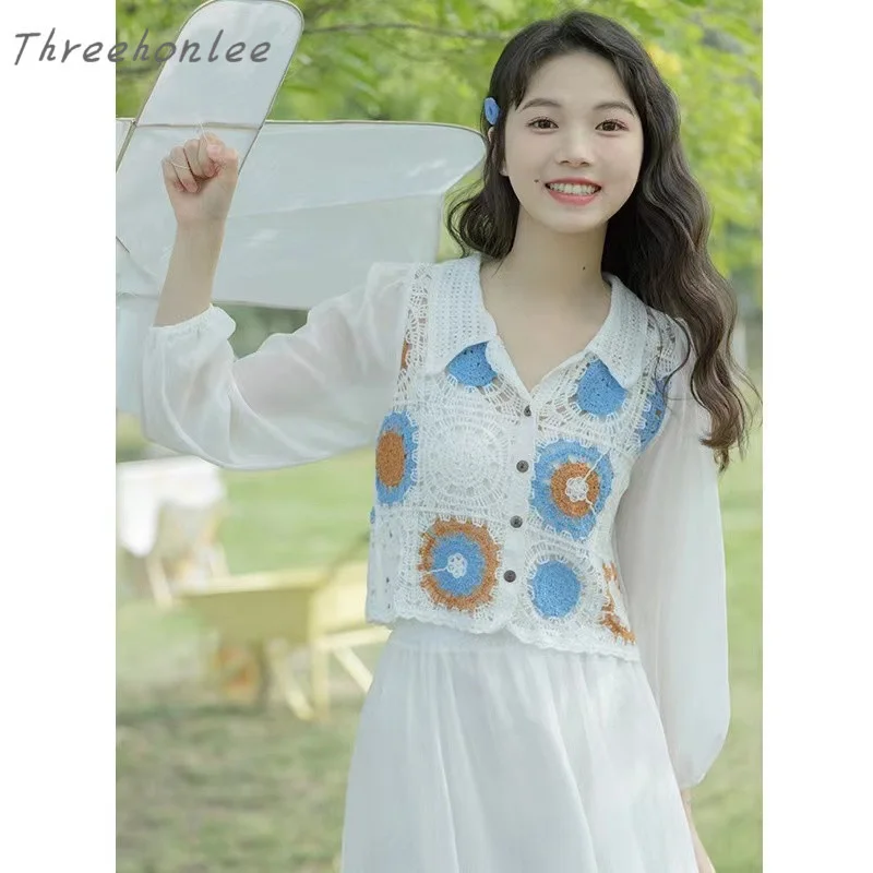 

2023 Spring Summer Women's Korean Version Of Hollowed Out Lace Chiffon Long-sleeved Shirt Doll Collar Sweet Cute Women's Shirt