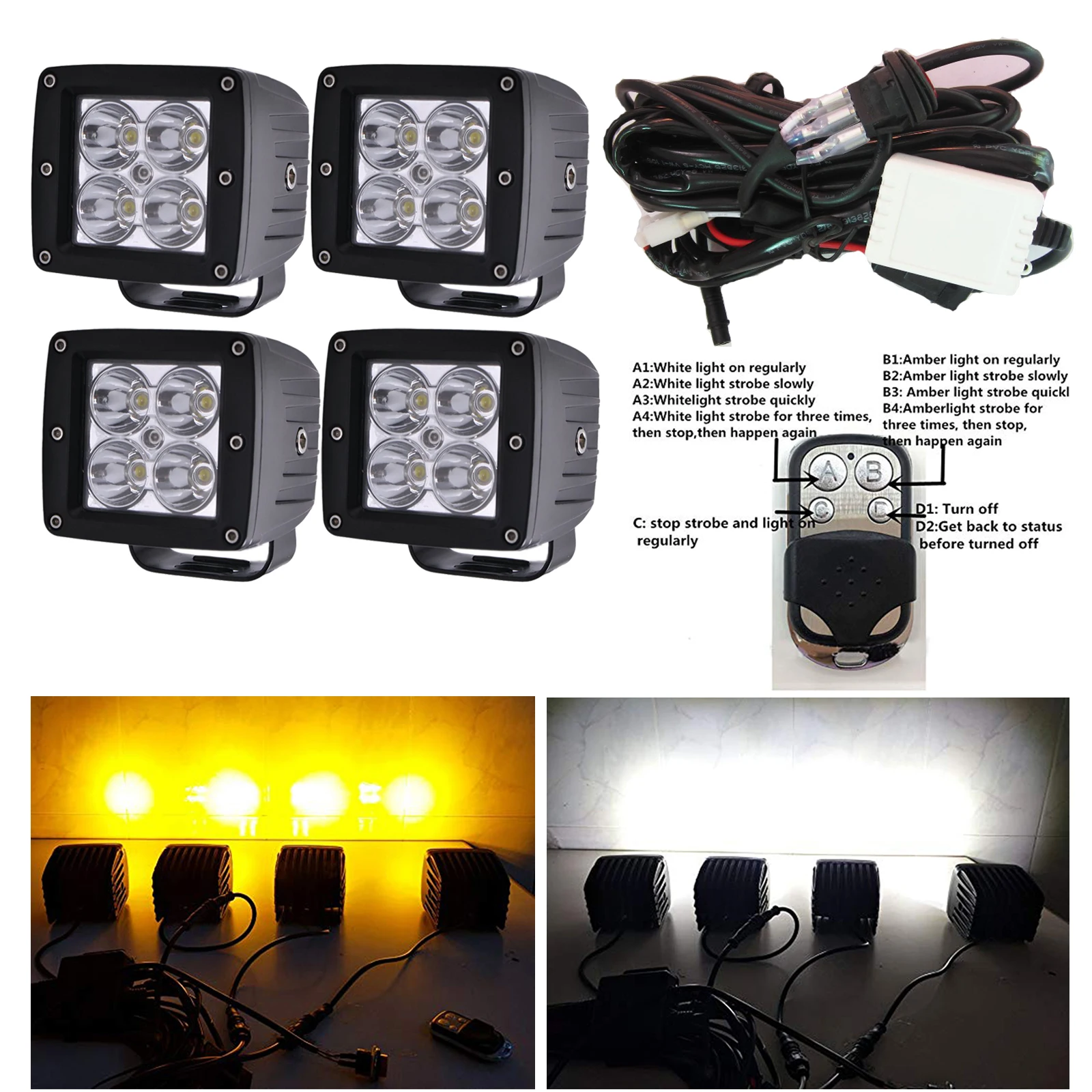 

4x 3inch 96W Amber White Offroad Led Lights Fog Driving Work Pods Strobe Control Warning Lights & Wiring Harness Kit ATV SUV Car