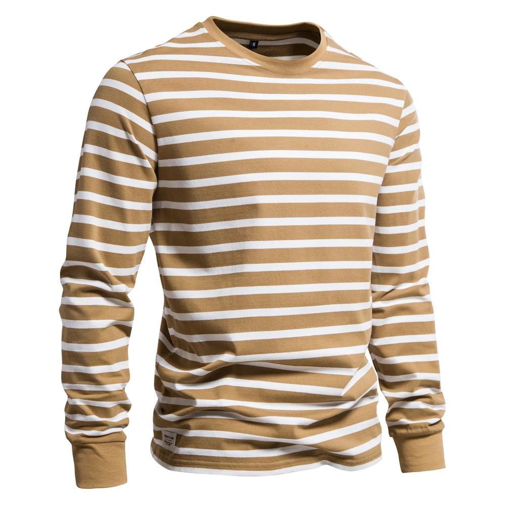 

100% Cotton Long Sleeve T Shirts Men Contrast Striped O-neck Men's T-shirt New Spring Autumn Quality Brand Men Clothing