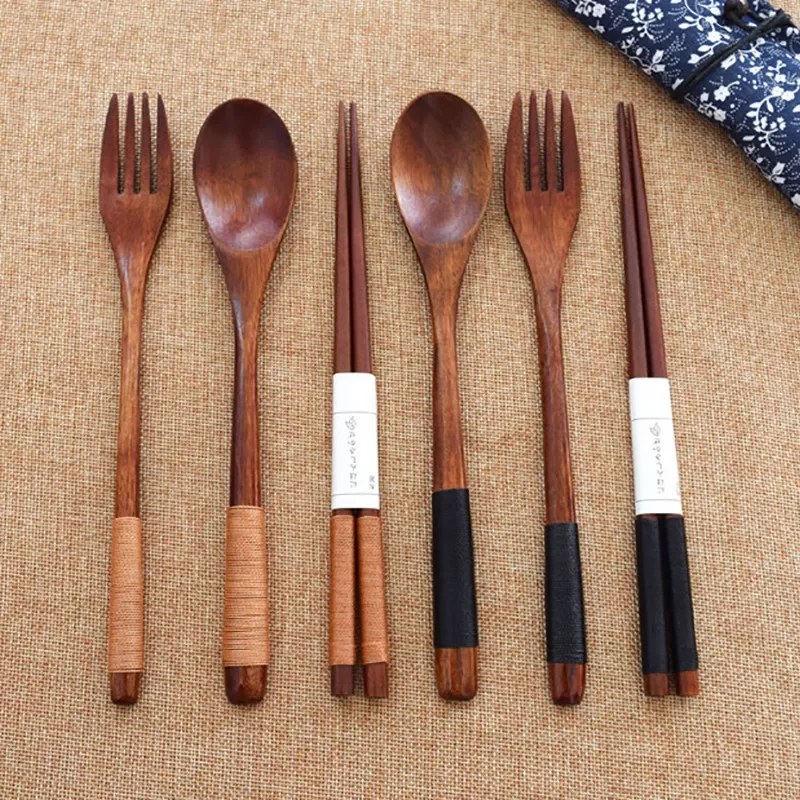 

Wood Portable Tableware Wooden Cutlery Sets Travel Dinnerware Suit Environmental with Cloth Pack Gift