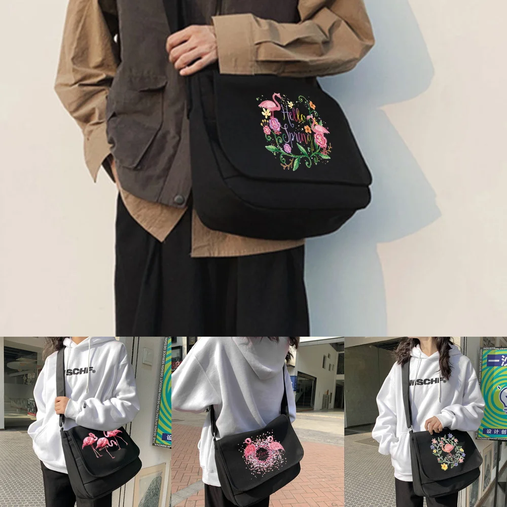 Harajuku Canvas Crossbody Bag Women Japanese Diagonal Pouch Girl Student Envelope Bags Flamingo Pattern