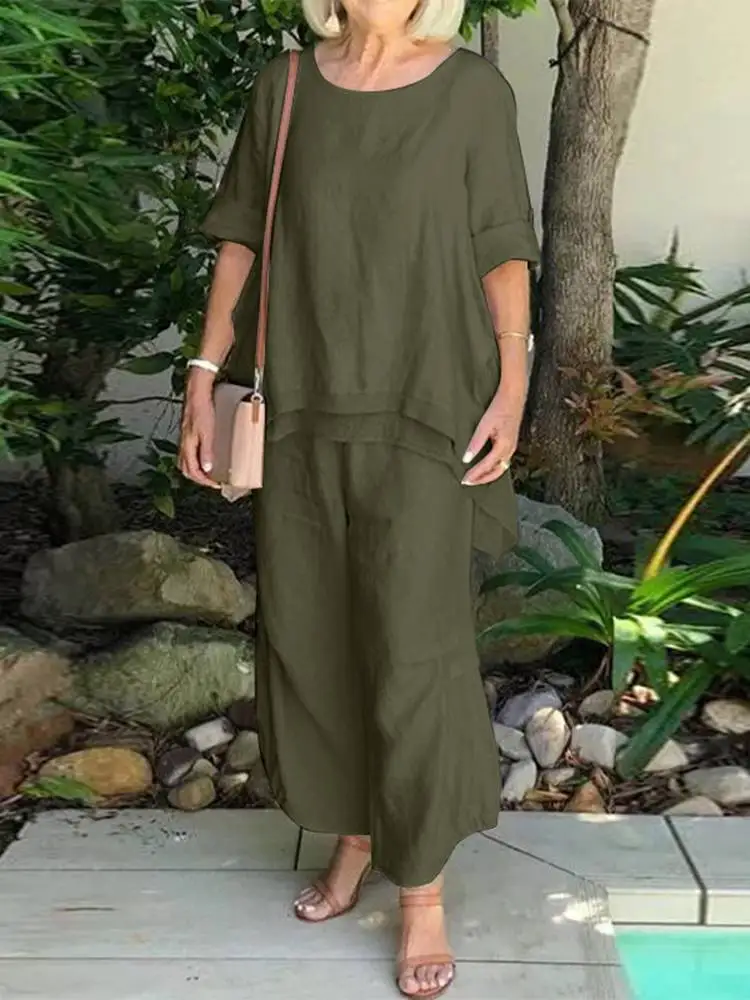 

ZANZEA Bohemian Summer Solid Matching Sets Women Long Sleeve O-Neck Blouse Casual Loose Pant Fashion Work OL Tracksuit 2022