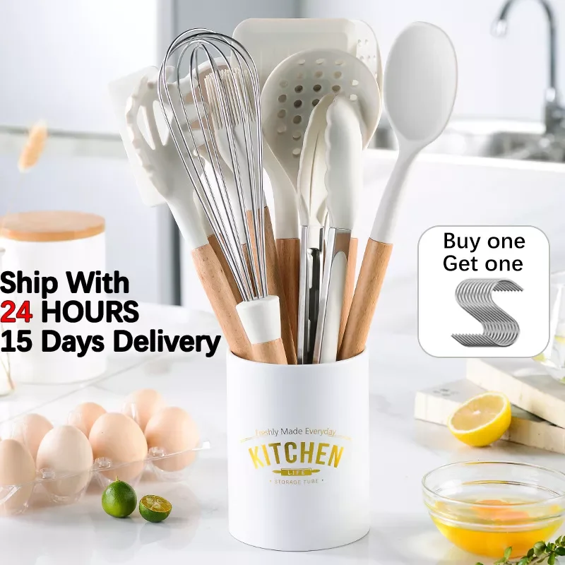 

White Cooking Kitchenware Tool Silicone Utensils With Wooden Multifunction Handle Non-Stick Spatula Ladle Egg Beaters Shovel