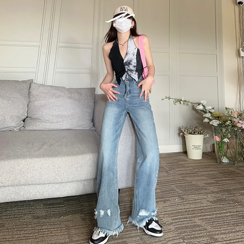 

Женские винтажные рваные джинсы, модные мешковатые брюки с высокой талией, уличные прямые джинсовые брюки с широкими штанинами, лето