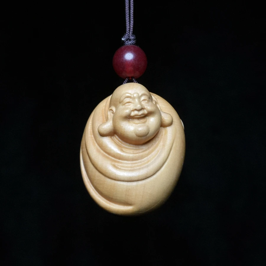 

YIZHU CULTUER ART Chinese boxwood Hand carved Happy Maitreya Buddha Statue Amulet Haversack necklace netsuke decorated Gift