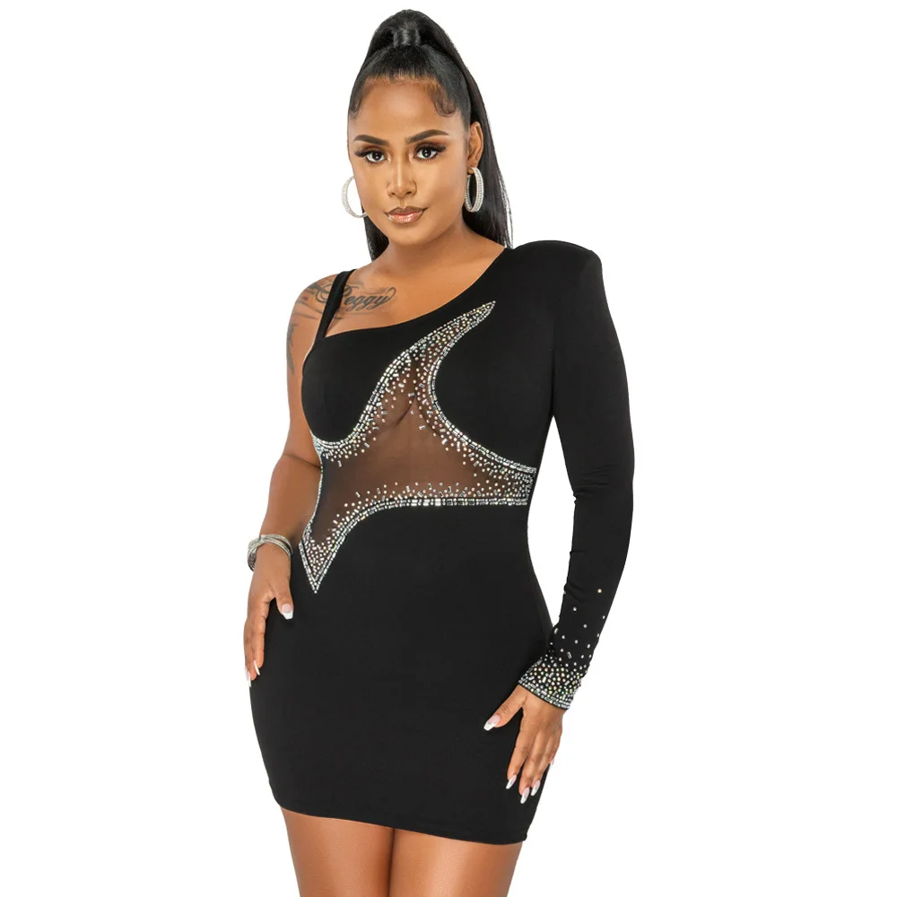 Women Sexy Sequins Evening Dress One Shoulder Long Sleeve Backless Nightclub Dress Fashion Bodycon Hollow  Mini Dresses