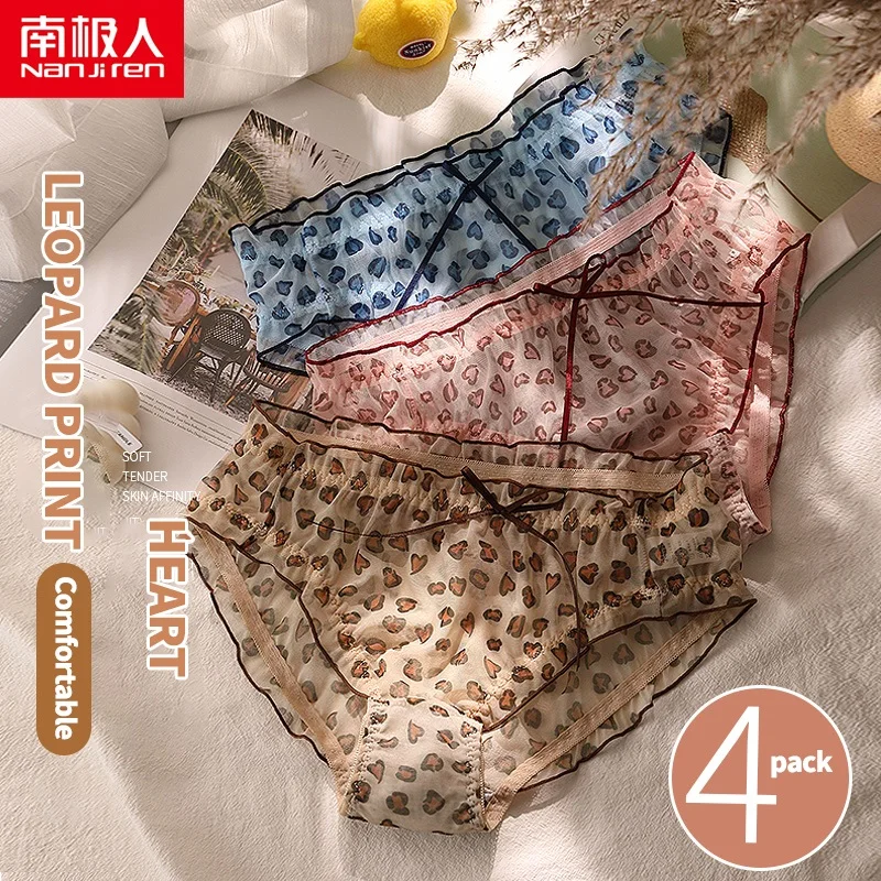 Nanjiren 4PCS Women Panties Lace Fashion Leopard Print Ladies Brief Breathable Light-thin Female Underwear Antibacterial Crotch