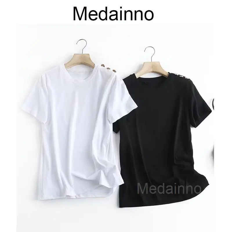

Medainno 2023, весна-лето, модная женская новая футболка с коротким рукавом и пуговицами, однотонные, повседневные, простые женские топы, шикарные