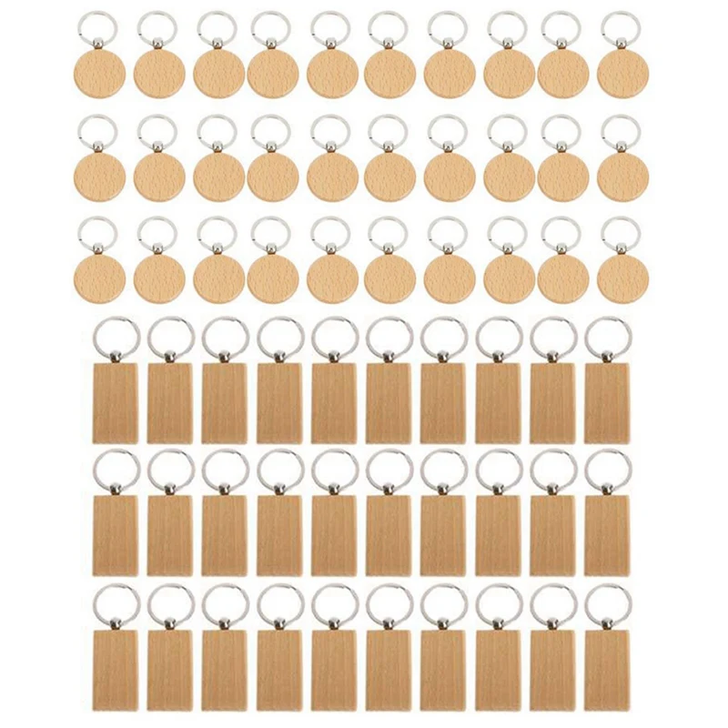 

60Pcs Blank Round Wooden Key Chain DIY Wood Keychains Key Tags Can Engrave DIY Gifts Rectangle +Round Shape