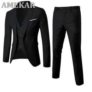 Men's Slim Fit Suit 3 Piece Set One Button Solid Jacket Vest Pants With Tie Formal Dress Prom Tuxedo