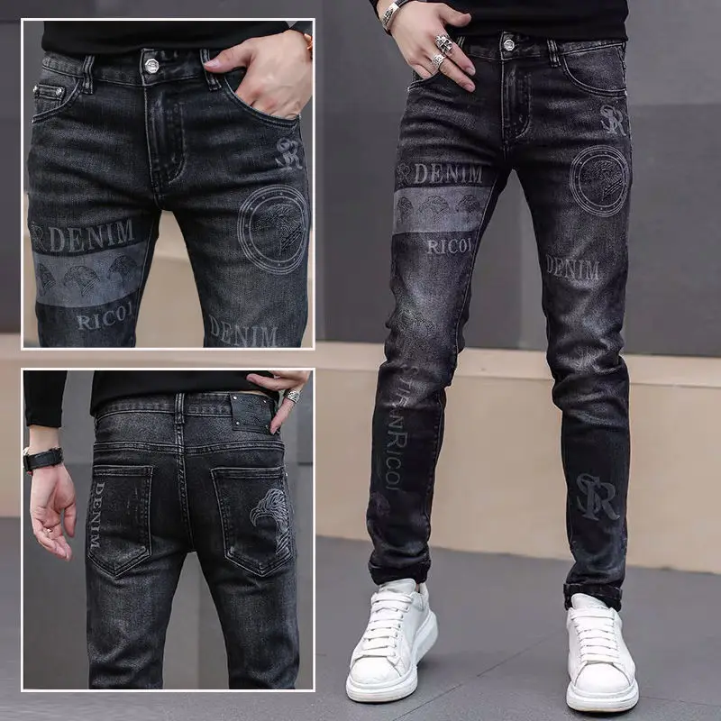 2023 Spring and Autumn New Jeans Men's Elastic Slim Fit Korean Casual Printing Jeans Designer Pants Street Clothing