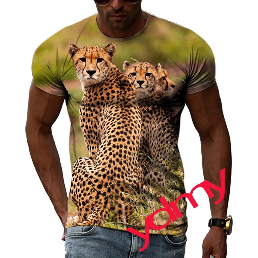 

Tide Fashion Summe Cheetah Picture Men's T-shirt Casual Print Tees Hip Hop Personality Round Neck Short Sleev Quick Drying