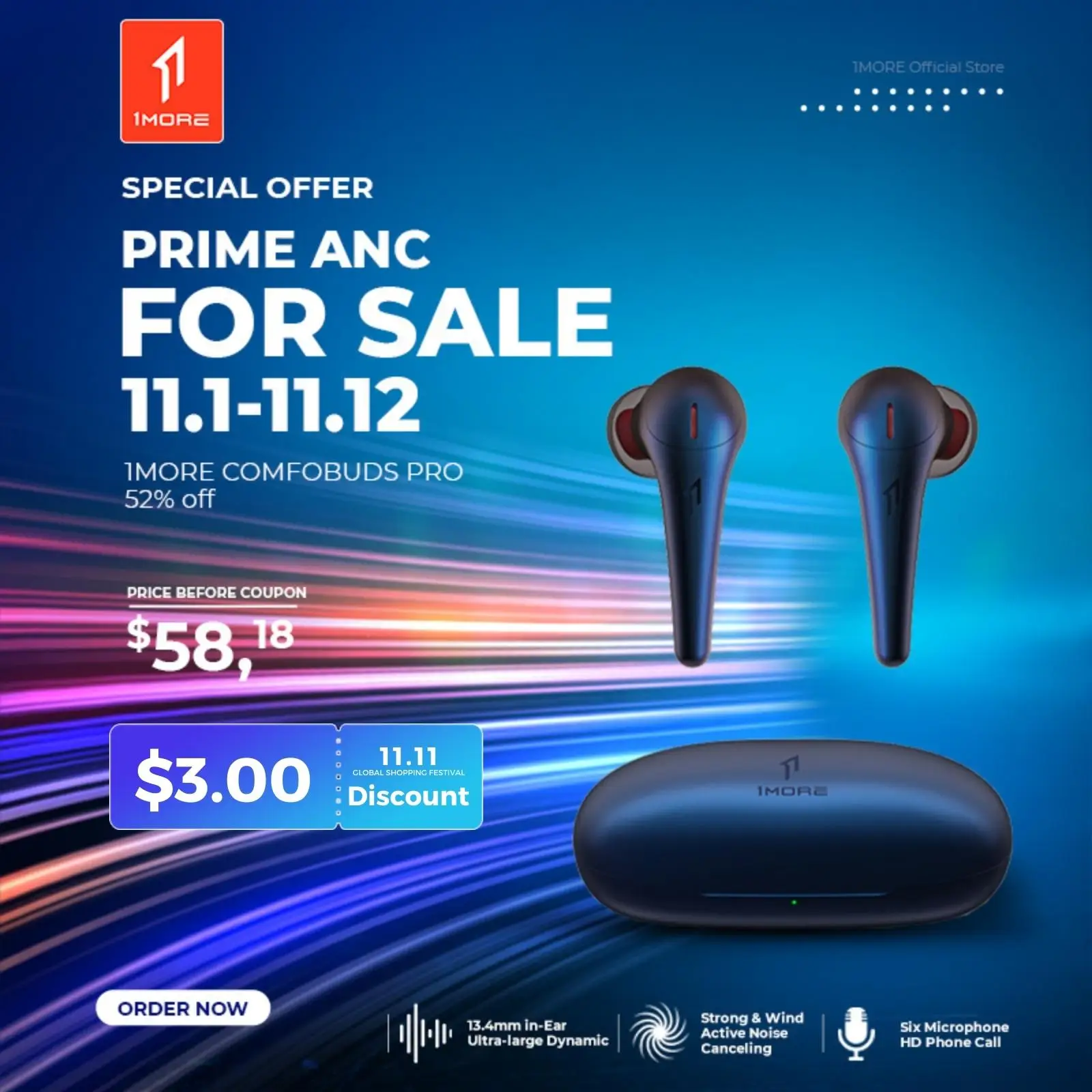  1MORE Comfobuds Pro ANC TWS Active Noise Cancelling Bluetooth Wireless Headphones QuietMax 13.4mm Bass Dynamic AAC EarBuds 