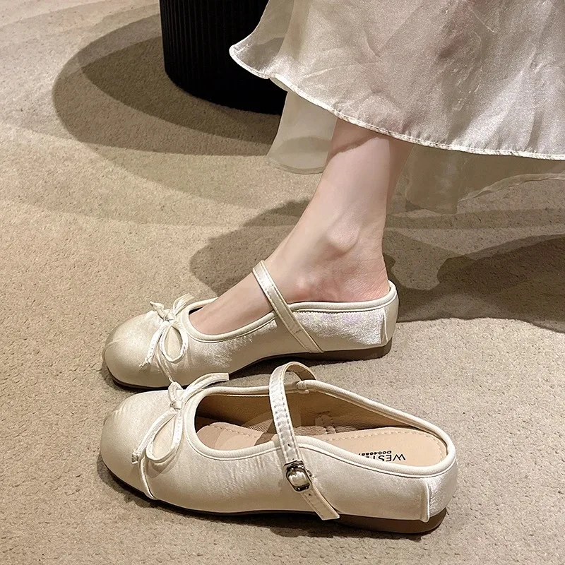 Мюли женские с бантом-бабочкой удобные тапочки на плоской подошве сланцы модные