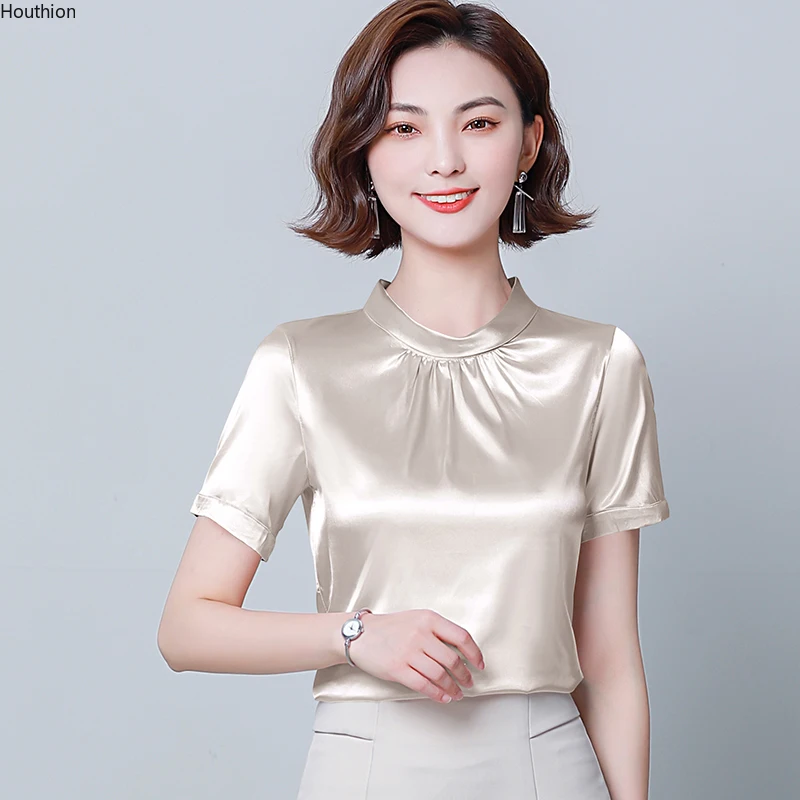 

Женская атласная футболка, Новая повседневная модная футболка, однотонные футболки с круглым вырезом и коротким рукавом, летняя футболка, ж...