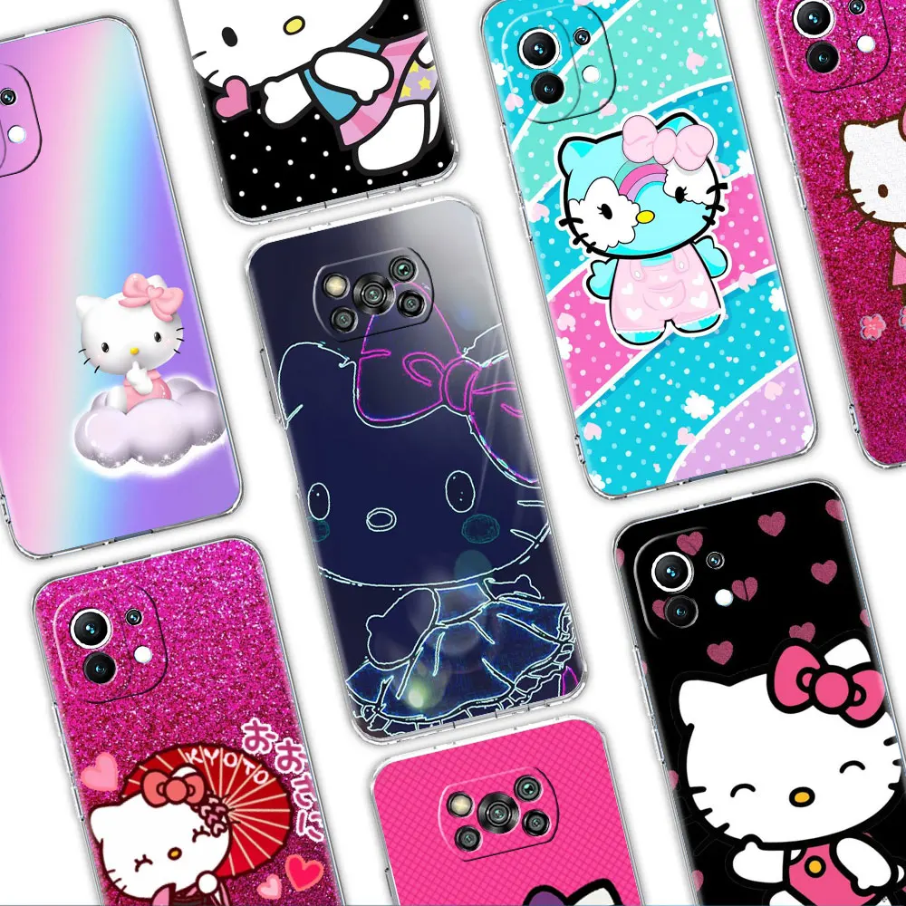 

Phone Case For Xiaomi Mi Poco X3 NFC M3 F3 12 11 Lite 11T 10T x3 Pro Note 10 9T F1 Silicone Funda Coque Pink Bowknot Hello Kitty