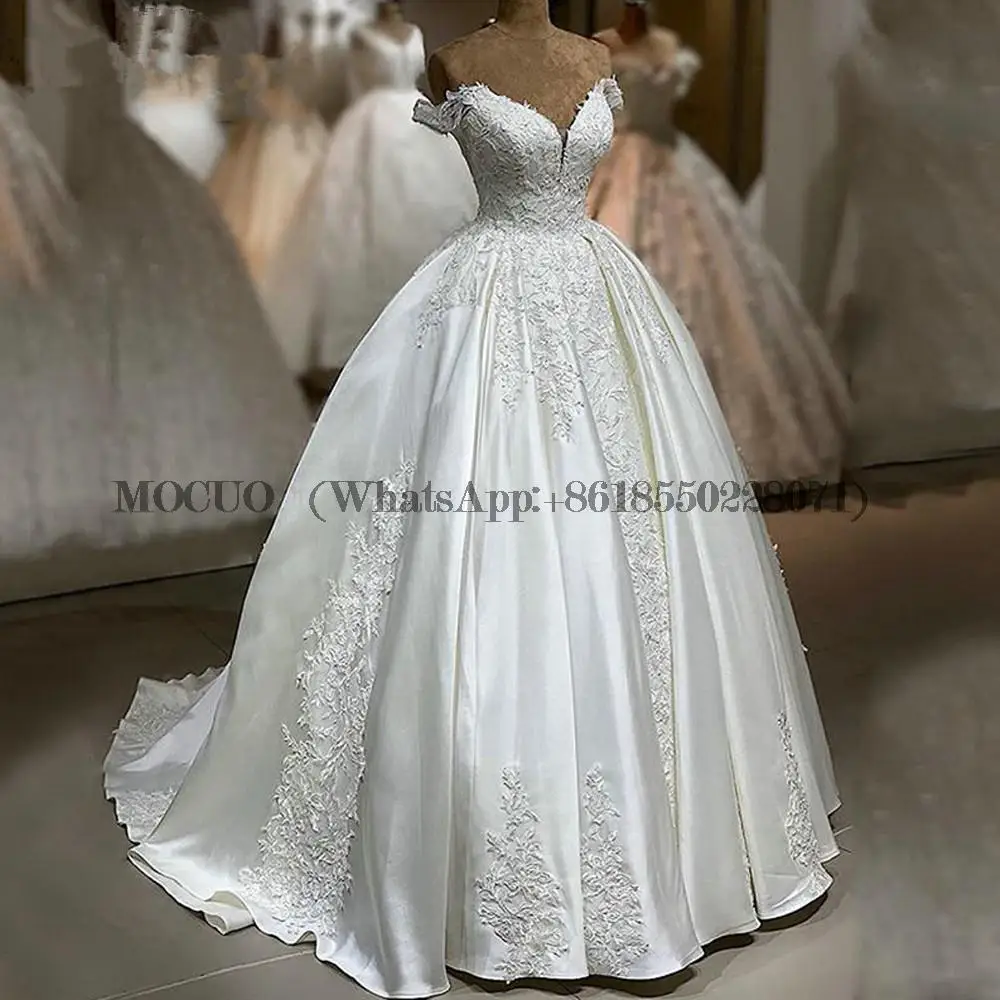 

Elegnat Satin Wedding Dresses Ball Gown Off Shoulder Lace Appliques Formal Plus Size Bridal Gown Custom Size Vestido de Noiva