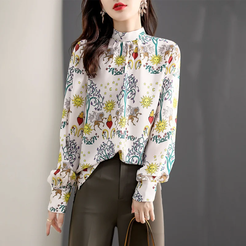 

Printed Shirt for Women Spring/Summer 2022 New In Blouses Long Sleeve Fashion Loose Fitting Korean Tops O-neck Casual Clothing
