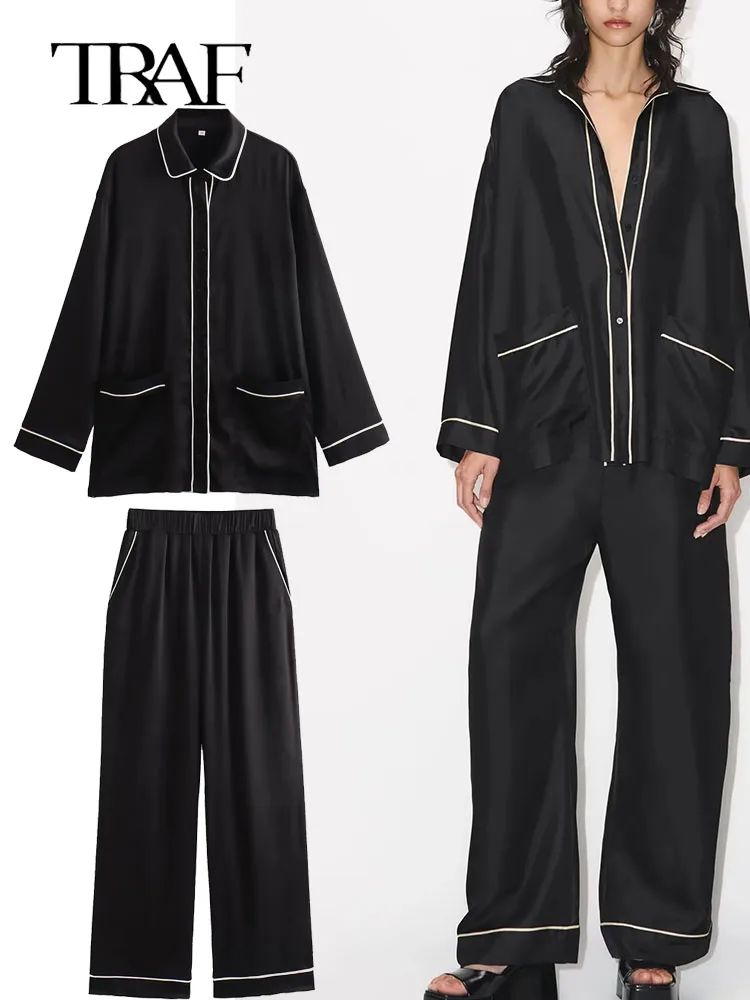 

TRAF Women Pants Sets 2023 New Female Casual Single Breasted Long Sleeve Thin Tops+Elastic Waist Pant Women outfit