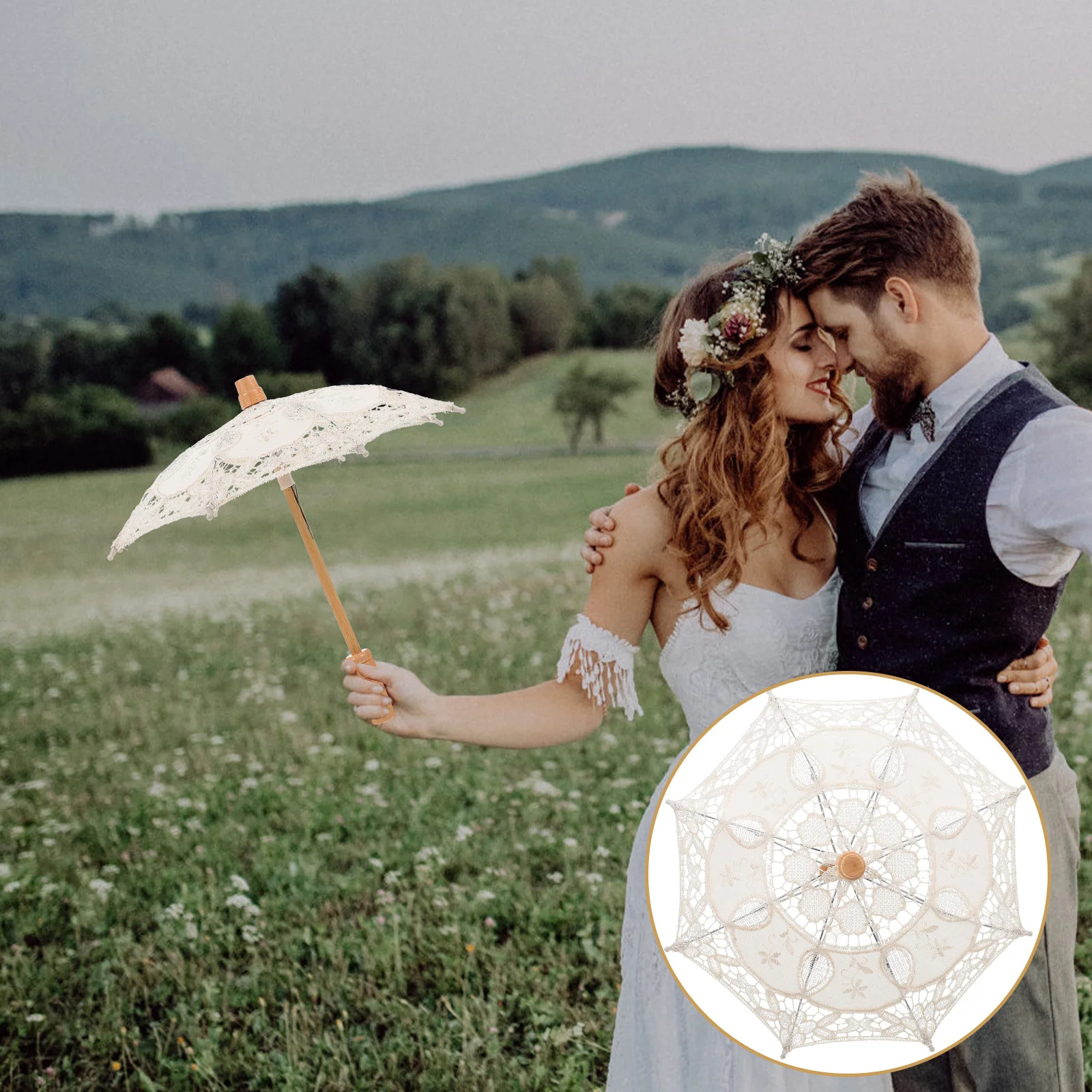 

Wedding Bridal Parasol Embroidery Decorative Wooden Handle Decoration Photo Booth Prop For Wedding Beige