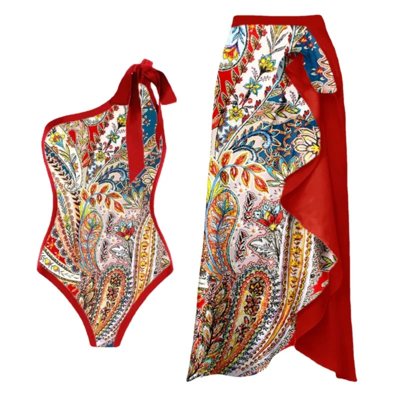 Long Skirt + Swimsuit 2 Pieces Set Sexy Ladies Beach Dress Set Casual Clothes Fashion Printed One Shoulder Swimsuit 2023 Summer