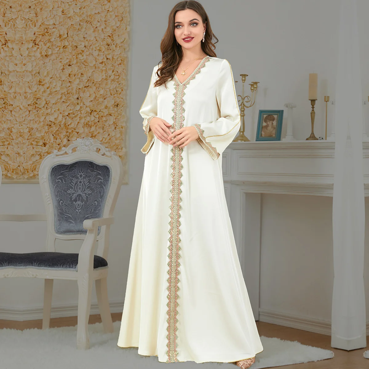 

Элегантное муслиновое вечернее платье Caftan, муслиновое женское турецкое платье с длинным рукавом