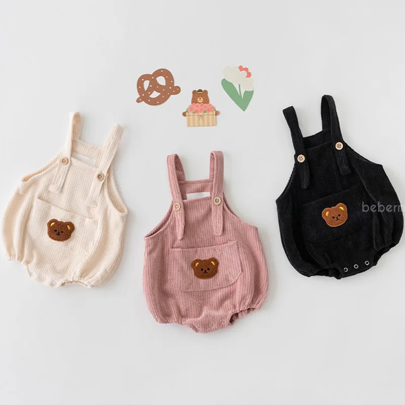 

Детский вельветовый комбинезон KOKI с вышивкой в виде медведя, летнее Боди без рукавов на бретелях, Корейская Милая Одежда для девочек