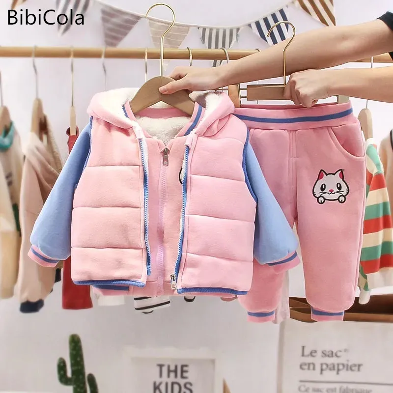 

Baby boy clothes winter plus velvet thick three-piece children's warm cartoon kitten hooded sweater Infant baby girl boy suit
