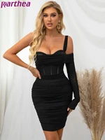 parthea single shoulder corset dress long sleeve ruched boning padded underwire lining bodycon mini mesh dress sexy party robe