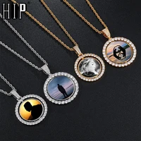 hip hop custom made photo round rotating double sided iced out bling cubic zircon necklacependant for men jewelry tennis chain