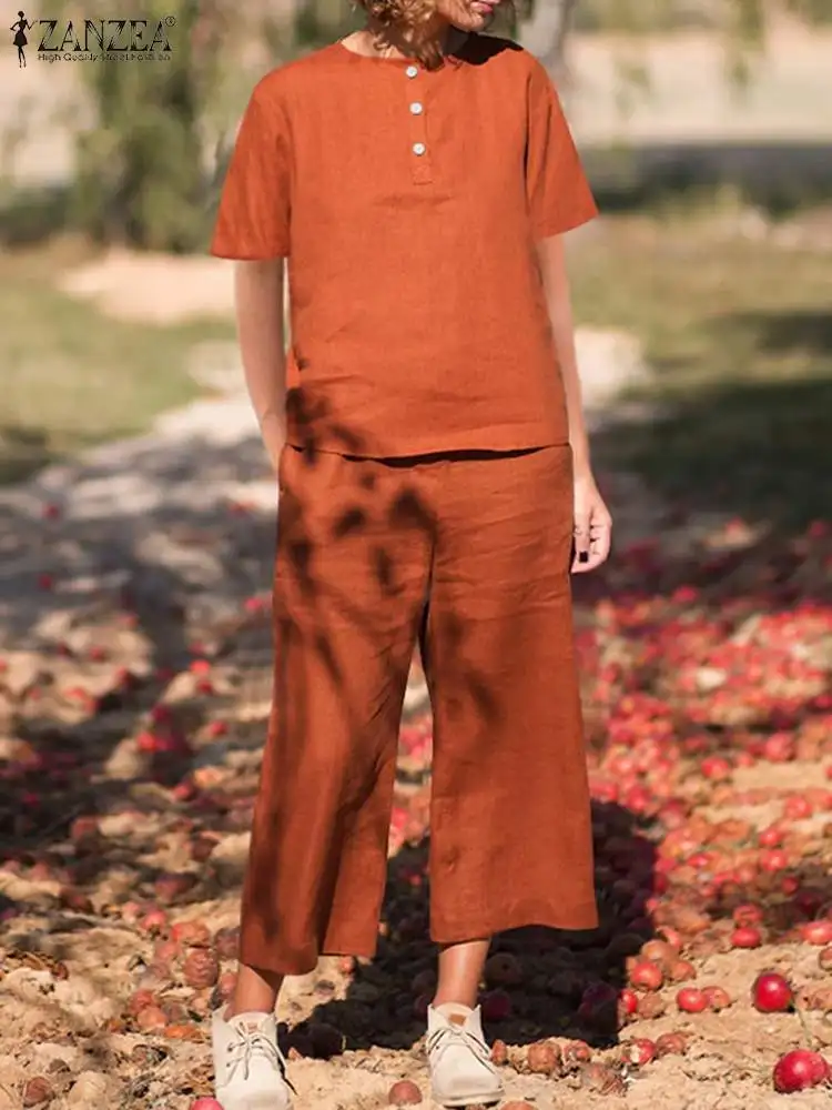 

2023 ZANZEA Vintage Cotton Tracksuit Fashion Solid Matching Sets Women Summer Blouse and Pants Sets Short Sleeve Suits Oversized